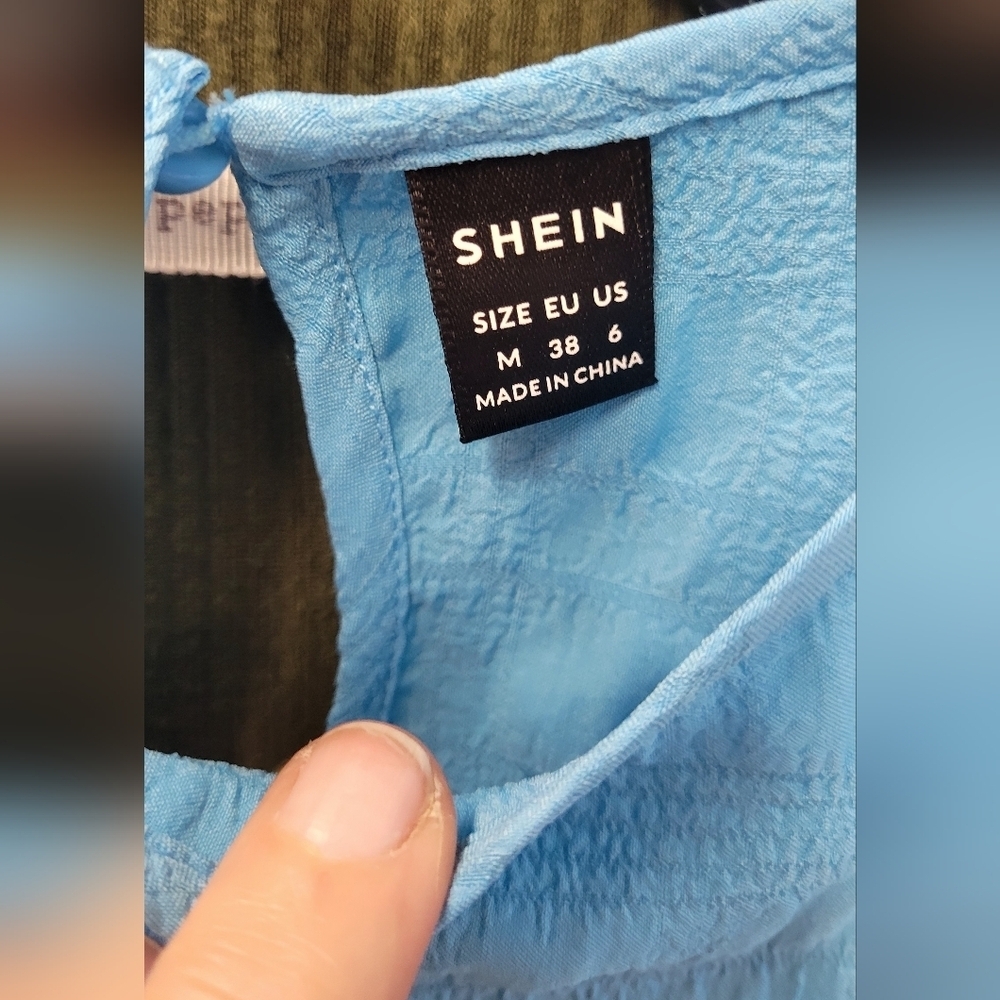 Schein Blue Textured Puff Sleeves Keyhole Back Top Medium - Picture 3 of 4